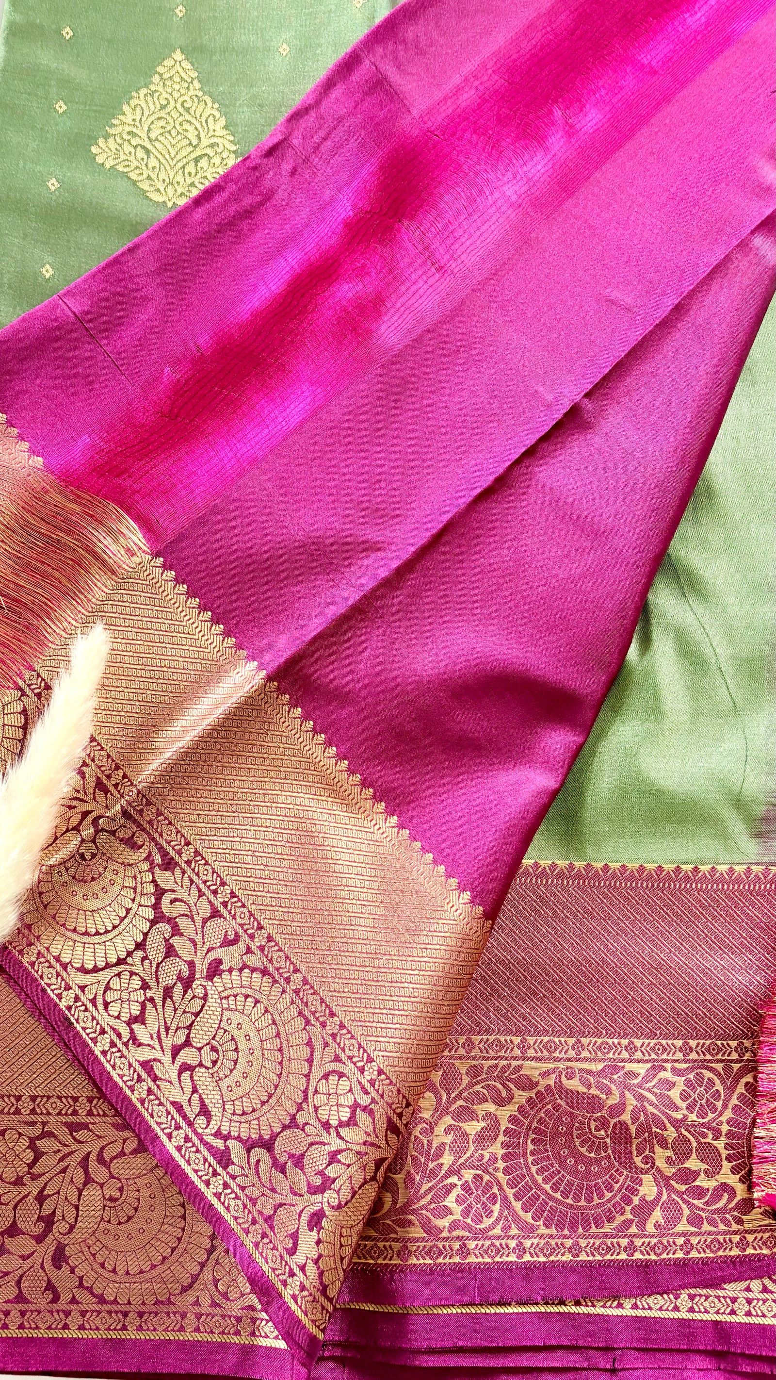 Kanchipuram silk saree featuring a pista green solft silk saree a rich purple and zari women traditional border  (Saree Code - S101)