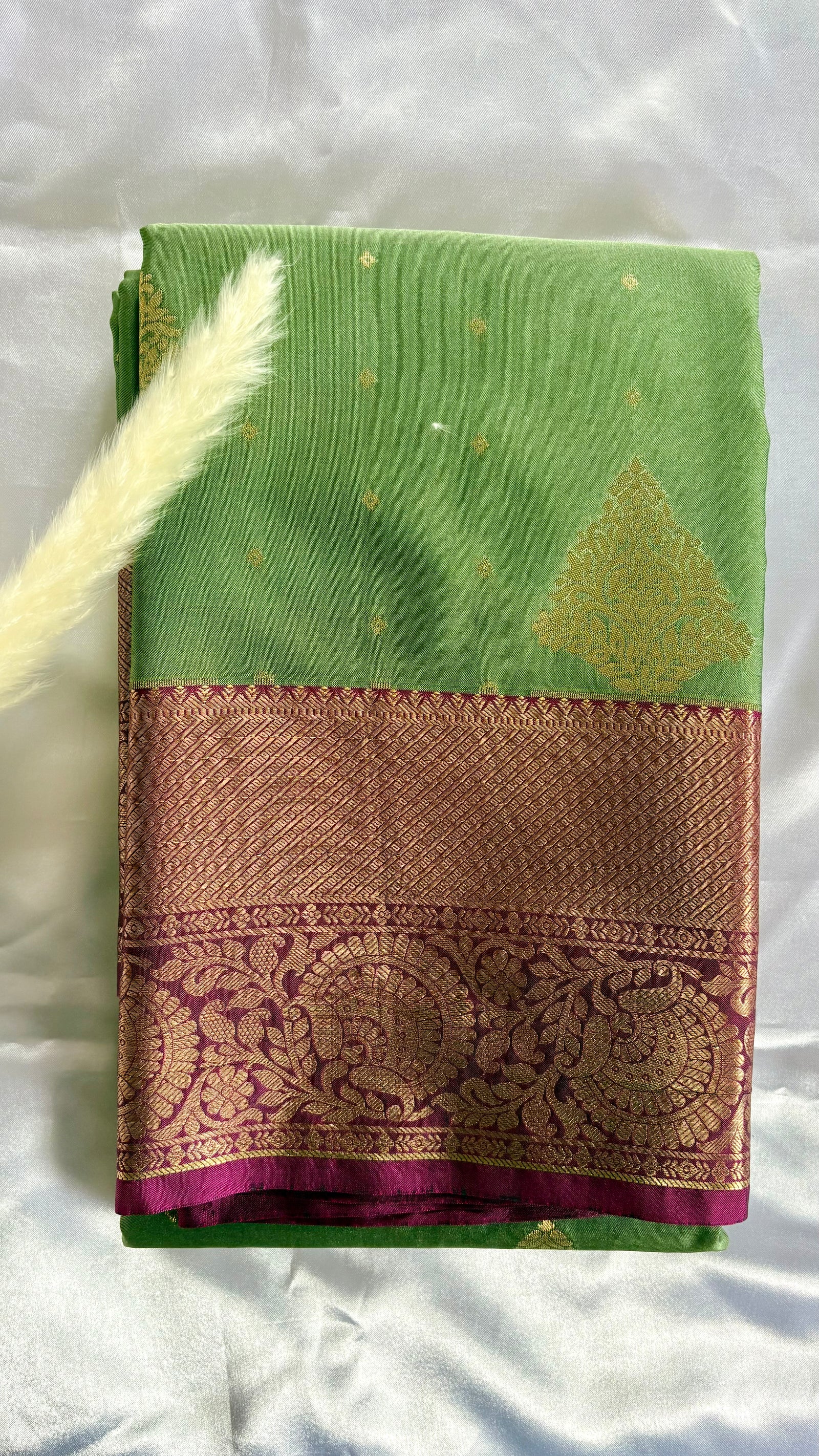 Kanchipuram silk saree featuring a pista green solft silk saree a rich purple and zari women traditional border  (Saree Code - S101)