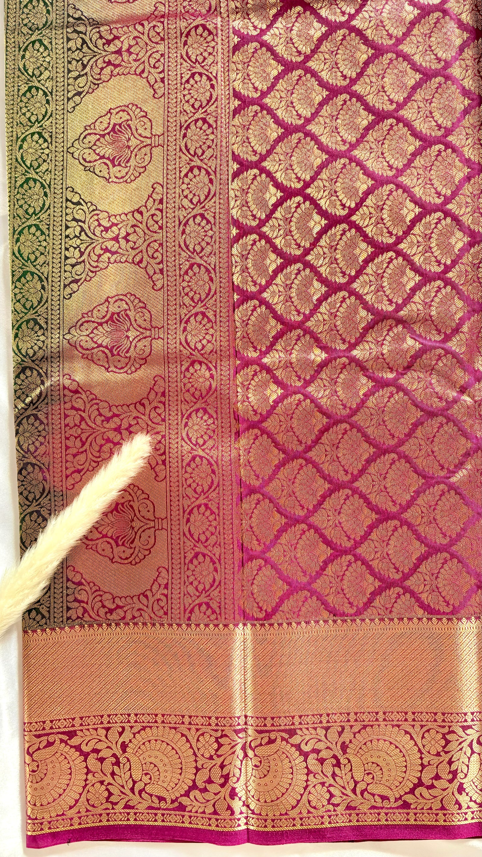 Green and Purple Kanchipuram silk saree features an elegant contract zari border and intricate traditional motifs  (Saree Code - S102)