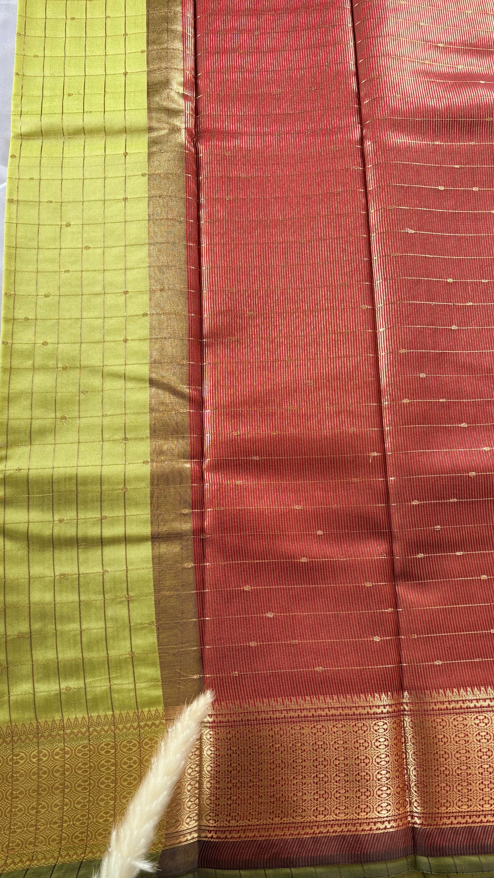 Soft silk canary yellow check pattern complemented by a broad, ornate silver zari woven border  (Saree Code - S105)