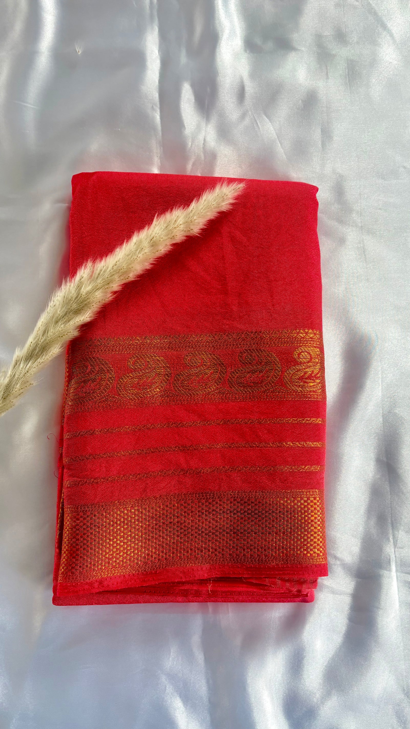 Premium Crepe Mysore Silk Orange Saree with Butta and Big Border Mango Design (Saree Code - S55)