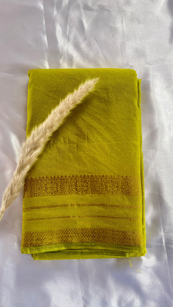 Premium Crepe Mysore Silk Lemon Green Saree with Double Border (Saree Code - S56)