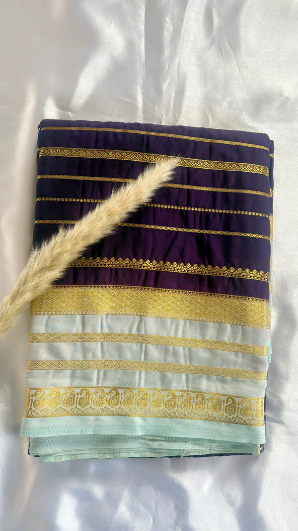 Premium Crepe Mysore Silk Strip Indigo Blue Saree and Powder Blue Double Border (Saree Code - S58)