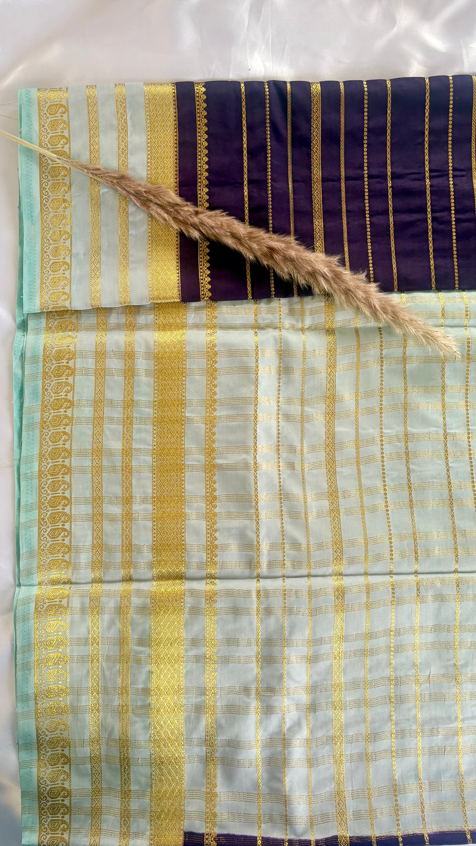 Premium Crepe Mysore Silk Strip Indigo Blue Saree and Powder Blue Double Border (Saree Code - S58)