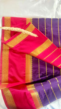 Premium Crepe Mysore Silk Strip Purple Saree and Pink Double Border (Saree Code - S59)