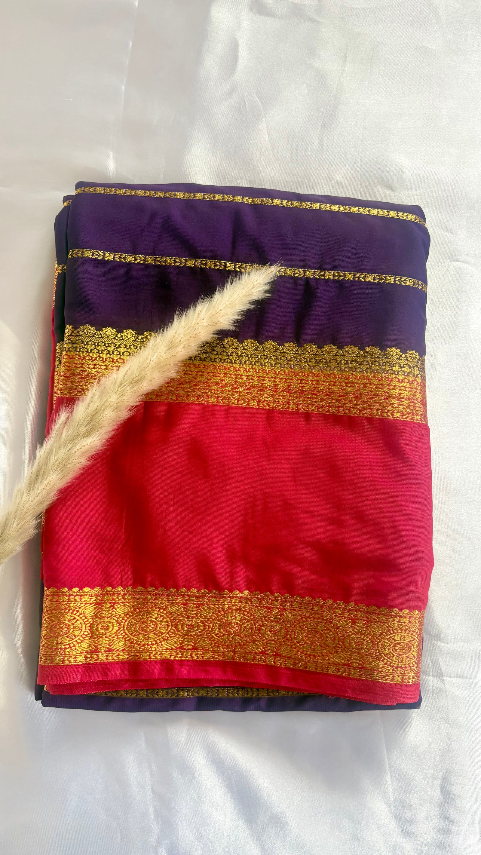 Premium Crepe Mysore Silk Strip Purple Saree and Pink Double Border (Saree Code - S59)