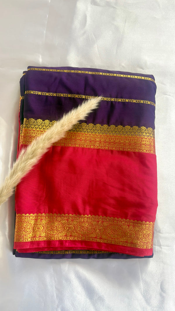 Premium Crepe Mysore Silk Strip Purple Saree and Pink Double Border (Saree Code - S59)
