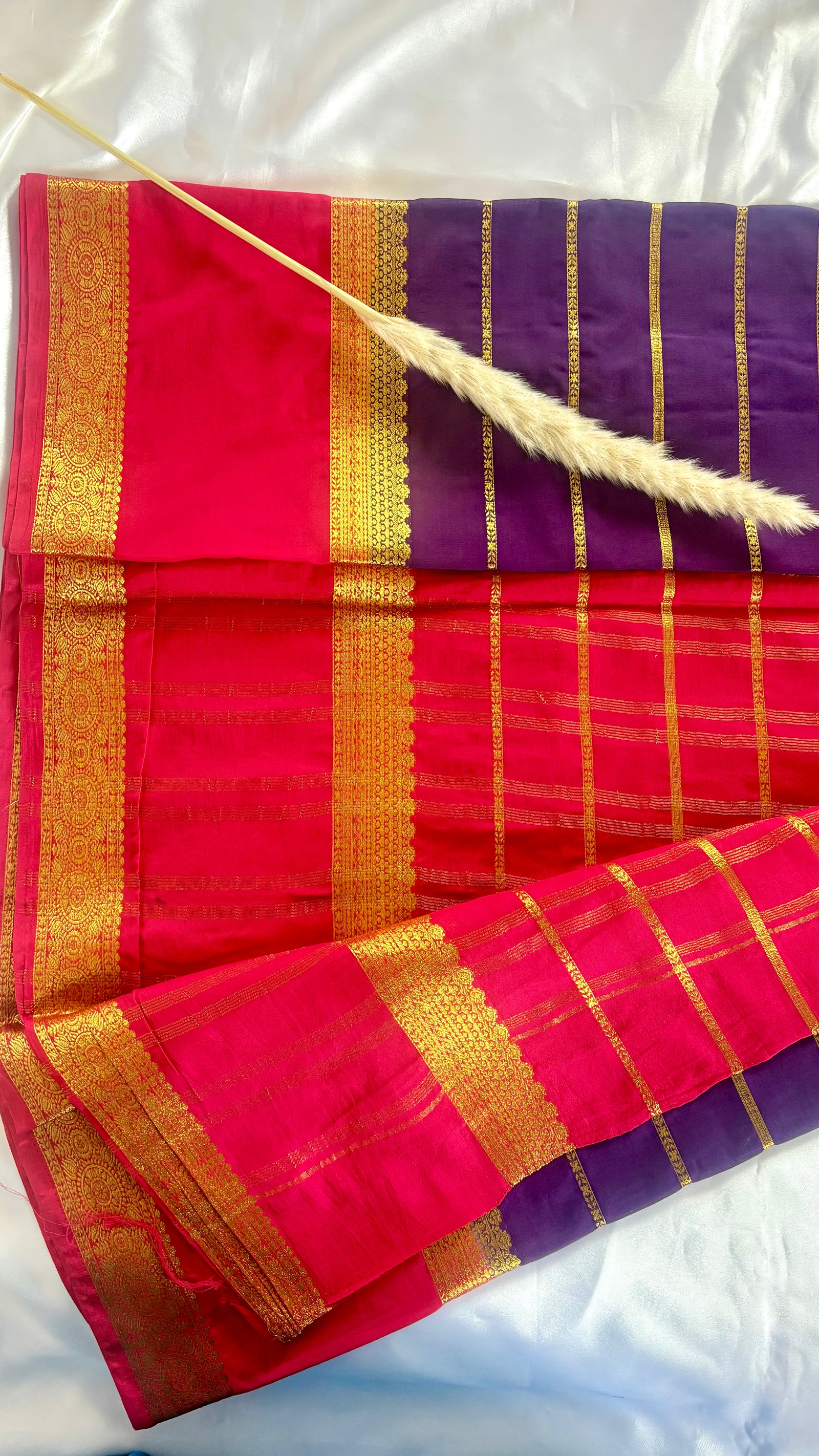Premium Crepe Mysore Silk Strip Purple Saree and Pink Double Border (Saree Code - S59)
