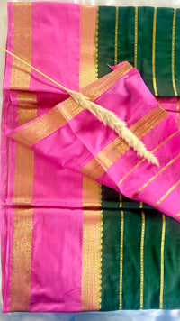 Premium Crepe Mysore Silk Strip Forest Green Saree and Pink Double Border (Saree Code - S60)