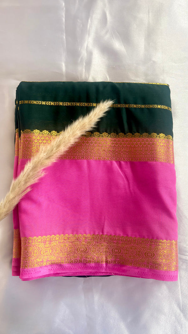 Premium Crepe Mysore Silk Strip Forest Green Saree and Pink Double Border (Saree Code - S60)