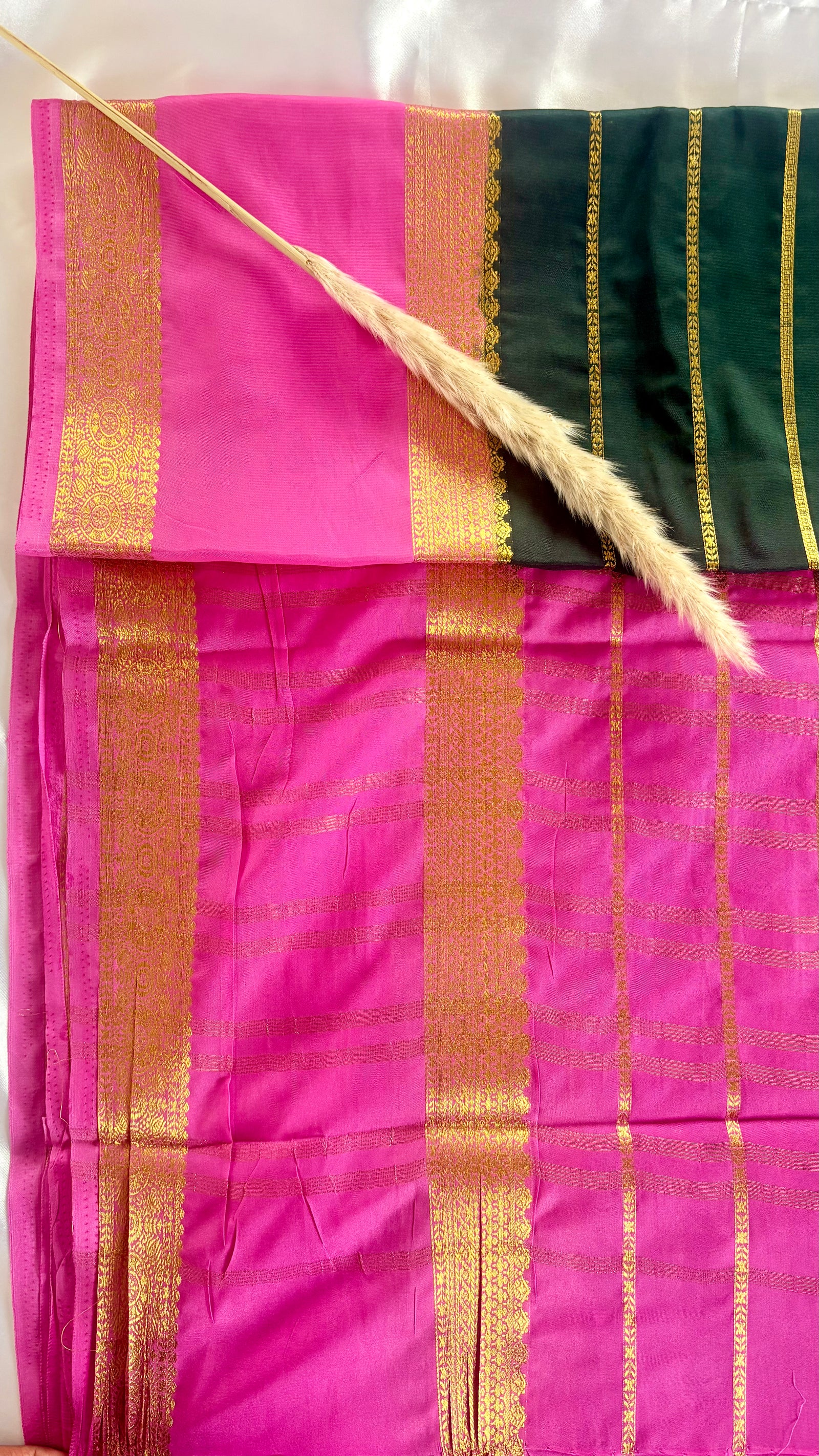 Premium Crepe Mysore Silk Strip Forest Green Saree and Pink Double Border (Saree Code - S60)