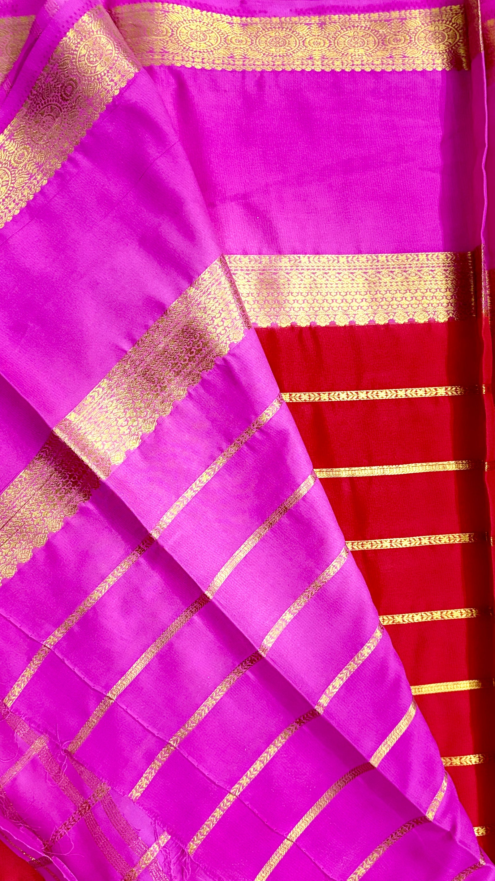Premium Crepe Mysore Silk Strip Cherry Red Saree and Pink Double Border (Saree Code - S61)