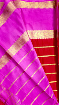 Premium Crepe Mysore Silk Strip Cherry Red Saree and Pink Double Border (Saree Code - S61)