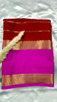 Premium Crepe Mysore Silk Strip Cherry Red Saree and Pink Double Border (Saree Code - S61)