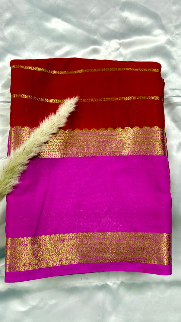 Premium Crepe Mysore Silk Maroon Butta Saree and Power Blue Double Border (Saree Code - S62)