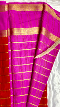 Premium Crepe Mysore Silk Strip Cherry Red Saree and Pink Double Border (Saree Code - S61)
