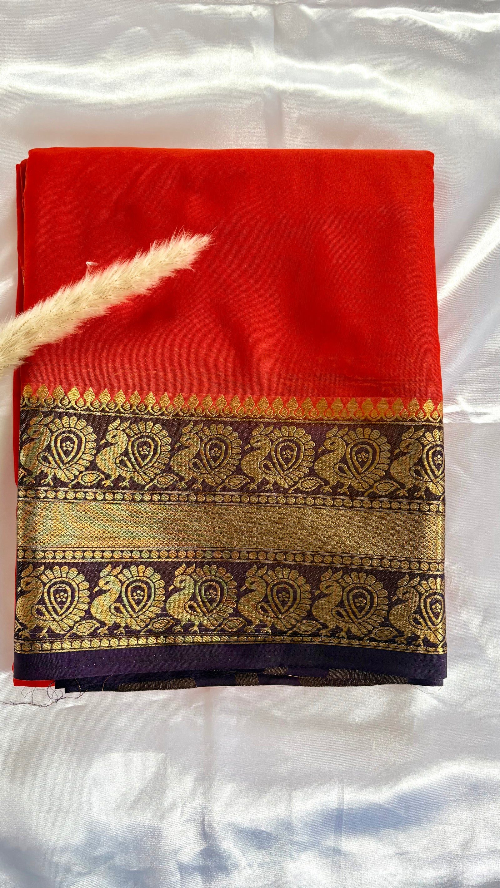 Premium Crepe Mysore Silk Orange Saree with Purple peacock Border (Saree Code - S63)