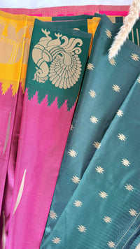 Premium Soft Semi Silk Magenta Pink Saree With Peacock and elephant multi color border (Saree Code - S64)