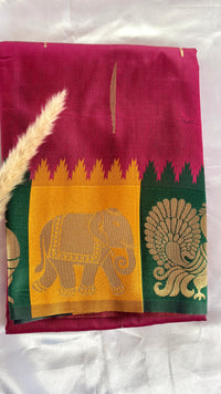 Premium Soft Semi Silk Magenta Pink Saree With Peacock and elephant multi color border (Saree Code - S64)