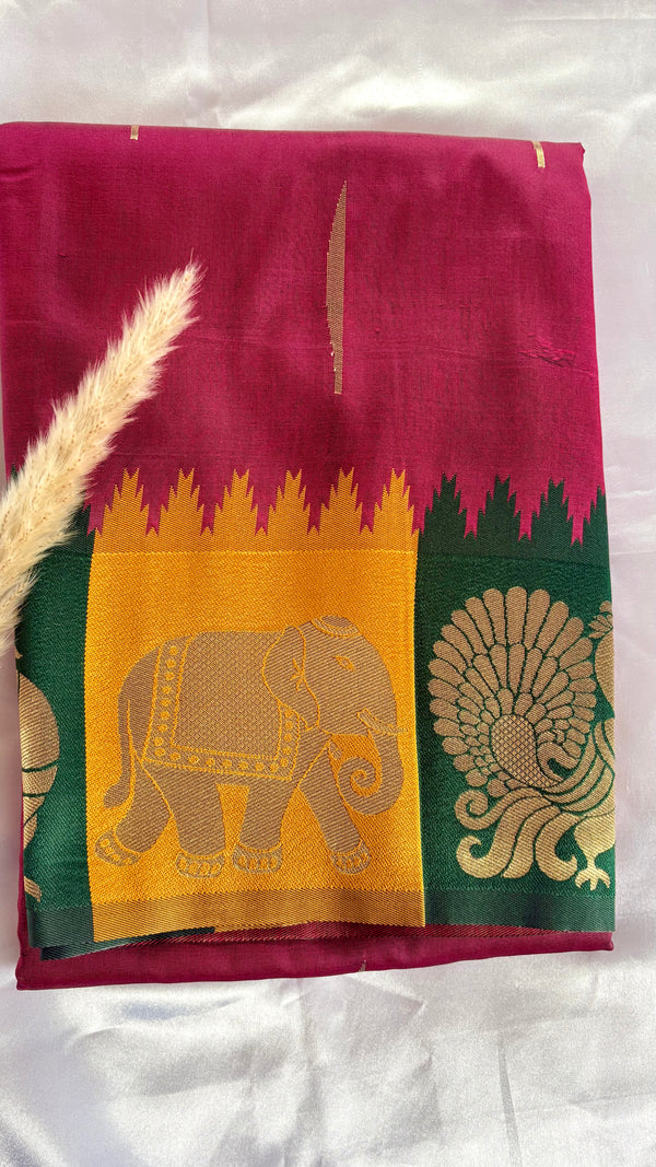 Premium Soft Semi Silk Magenta Pink Saree With Peacock and elephant multi color border (Saree Code - S64)