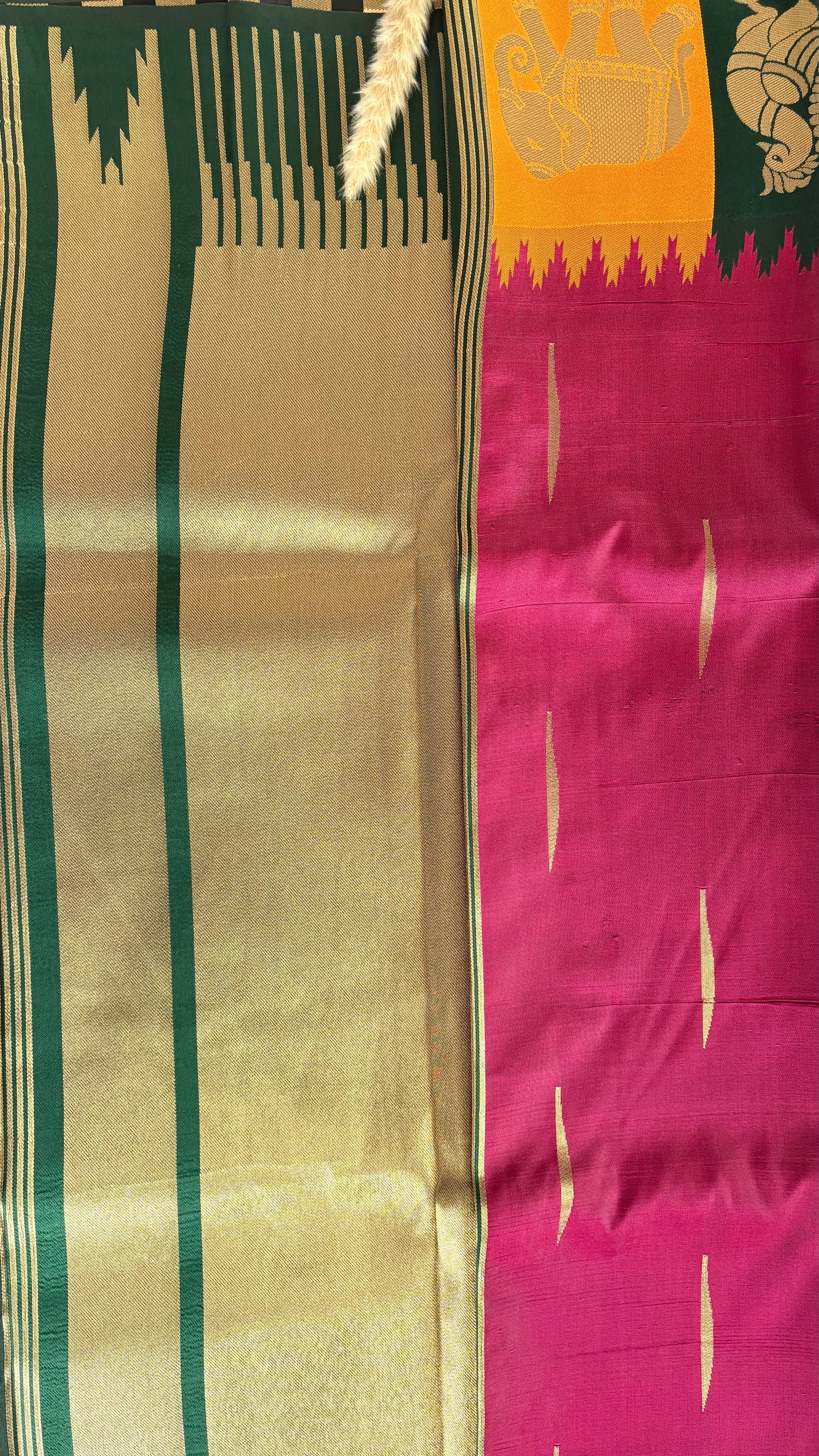 Premium Soft Semi Silk Magenta Pink Saree With Peacock and elephant multi color border (Saree Code - S64)