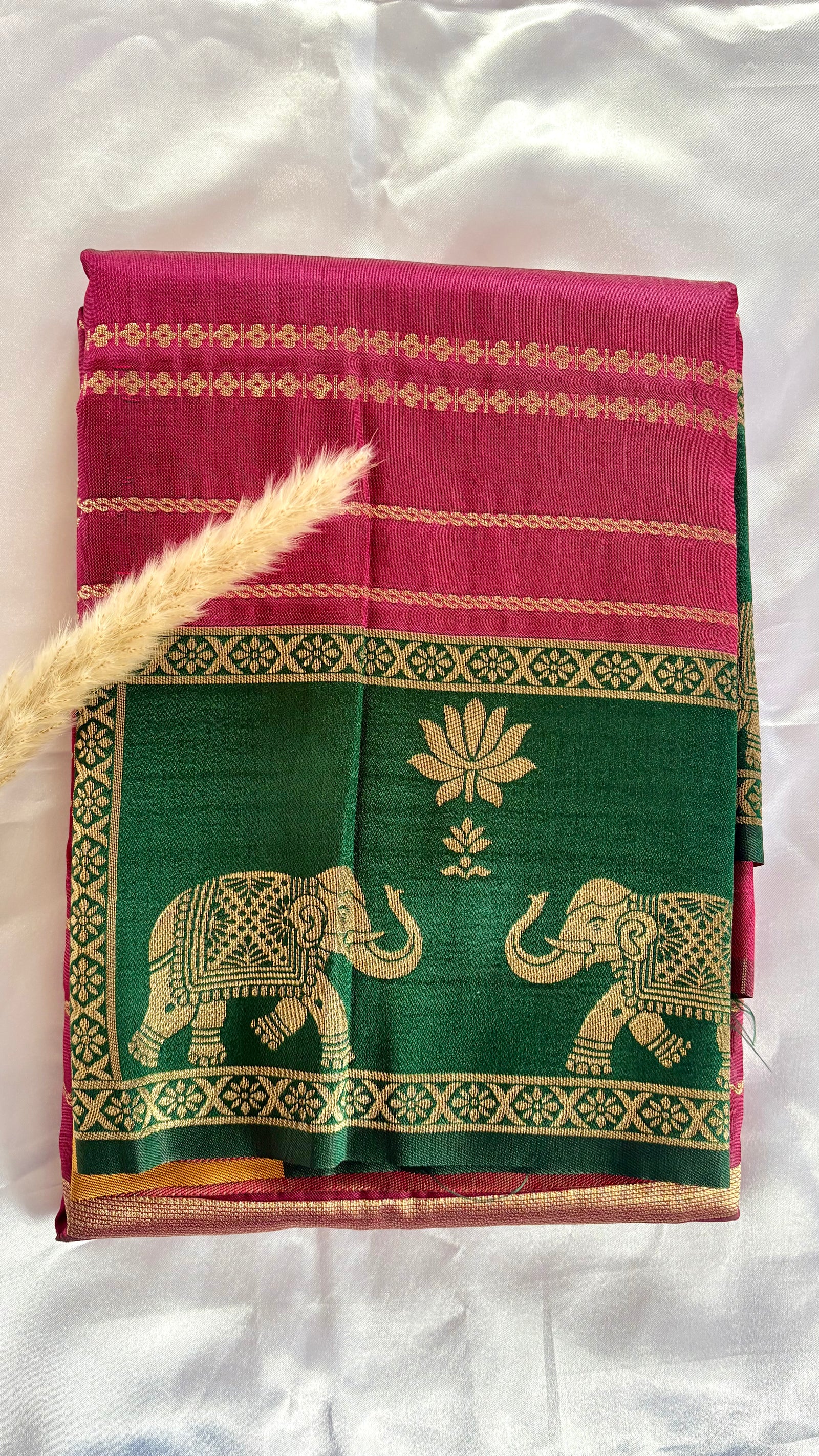 Premium Soft Semi Silk Magenta Pink Strip Saree With Peacock and elephant multi color border (Saree Code - S65)