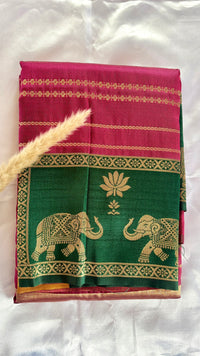Premium Soft Semi Silk Magenta Pink Strip Saree With Peacock and elephant multi color border (Saree Code - S65)