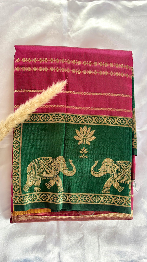 Premium Soft Semi Silk Magenta Pink Strip Saree With Peacock and elephant multi color border (Saree Code - S65)