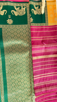 Premium Soft Semi Silk Magenta Pink Strip Saree With Peacock and elephant multi color border (Saree Code - S65)