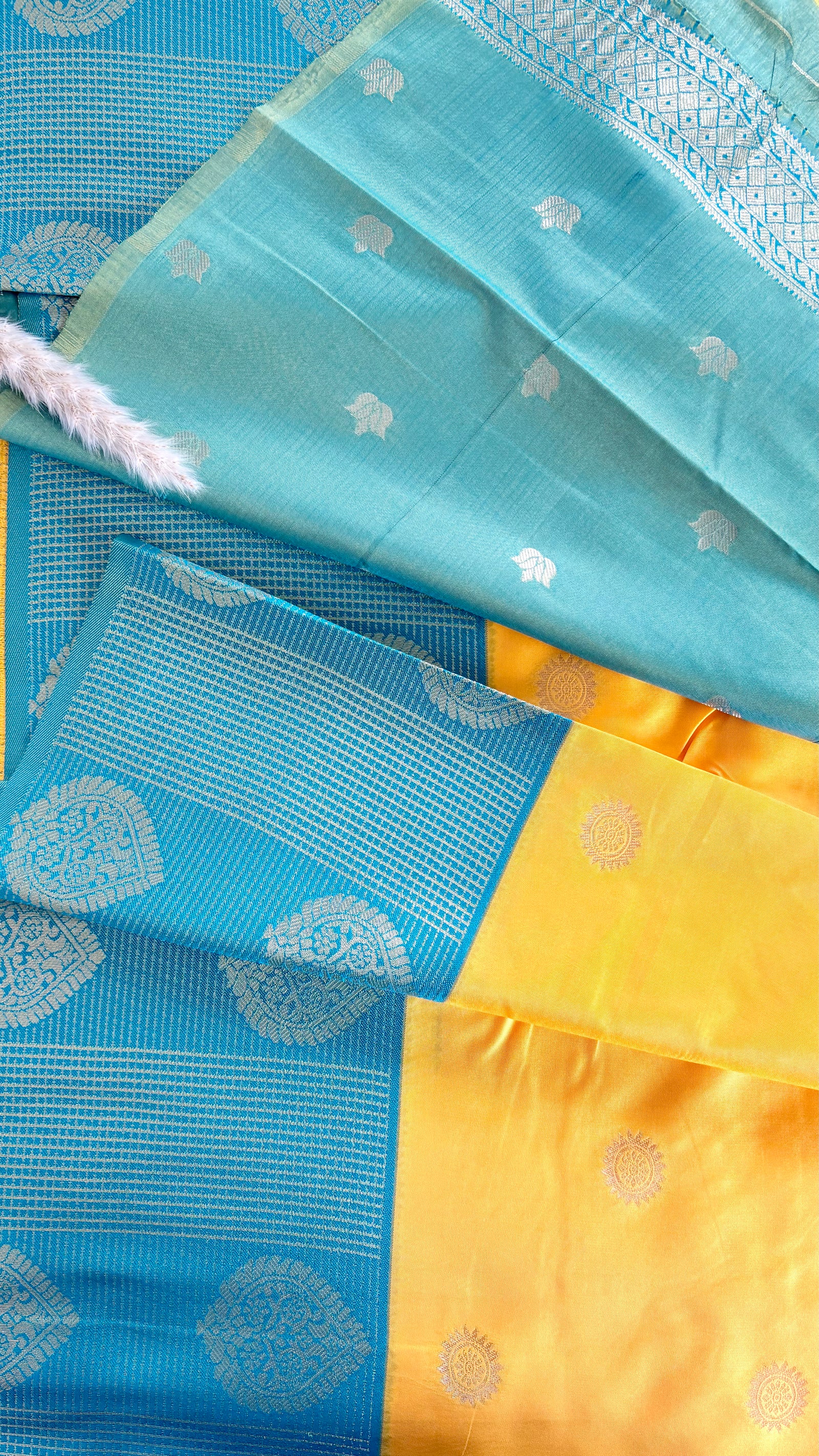 Premium Soft Semi Silk Sunshine Yellow Saree Unique Torquise Blue Strip Leaf Border (Saree Code - S66)