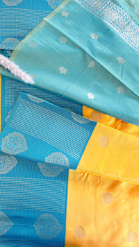Premium Soft Semi Silk Sunshine Yellow Saree Unique Torquise Blue Strip Leaf Border (Saree Code - S66)
