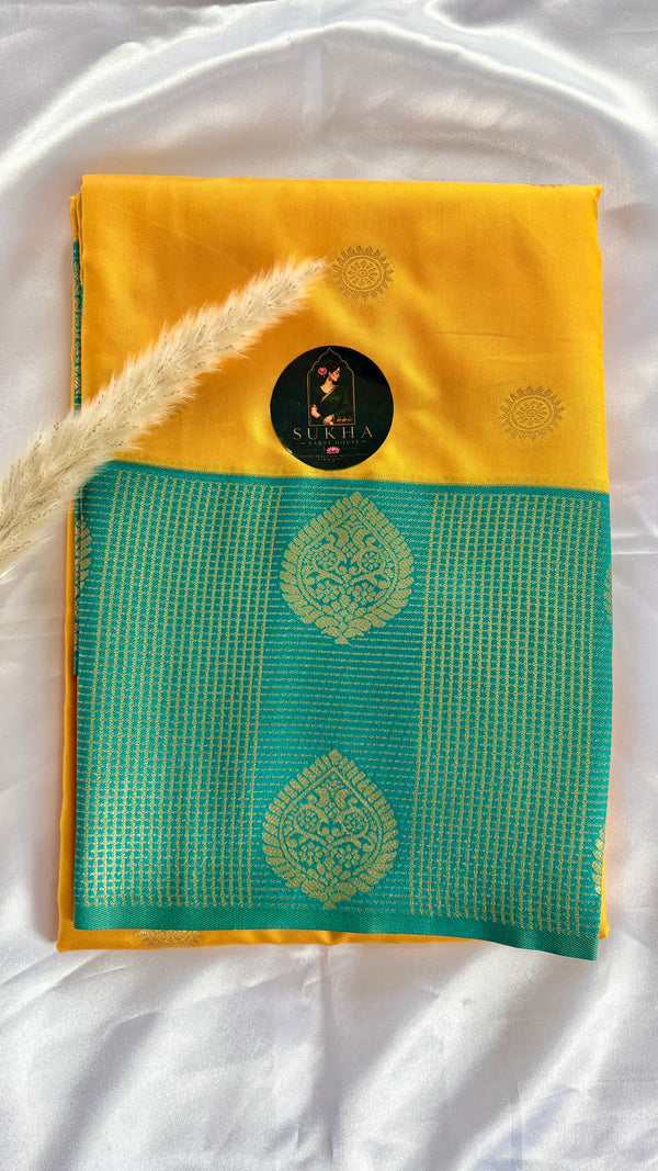 Premium Soft Semi Silk Sunshine Yellow Saree Unique Torquise Blue Strip Leaf Border (Saree Code - S66)