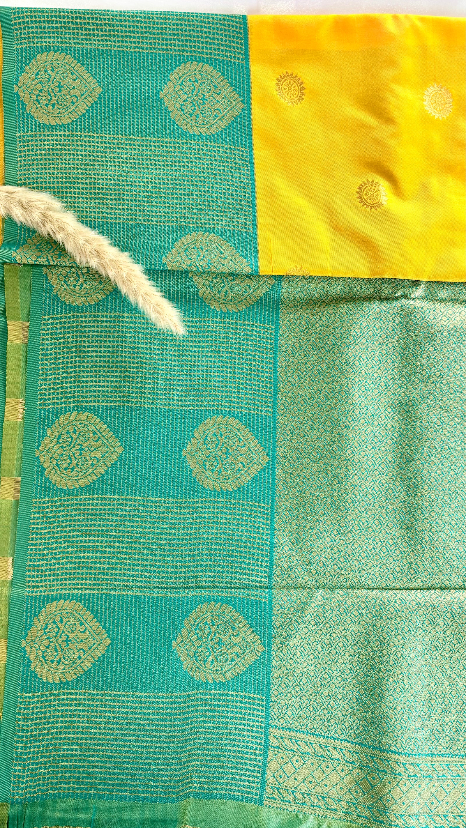 Premium Soft Semi Silk Sunshine Yellow Saree Unique Torquise Blue Strip Leaf Border (Saree Code - S66)