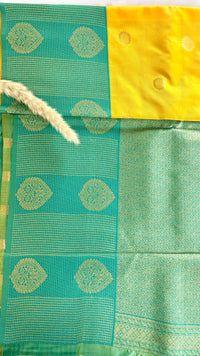 Premium Soft Semi Silk Sunshine Yellow Saree Unique Torquise Blue Strip Leaf Border (Saree Code - S66)