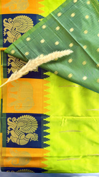 Premium Soft Semi Silk Lemon Green Saree With Peacock and elephant multi color border (Saree Code - S67)