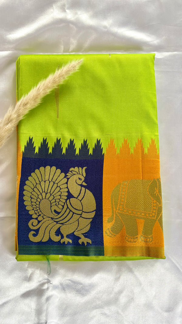 Premium Soft Semi Silk Lemon Green Saree With Peacock and elephant multi color border (Saree Code - S67)