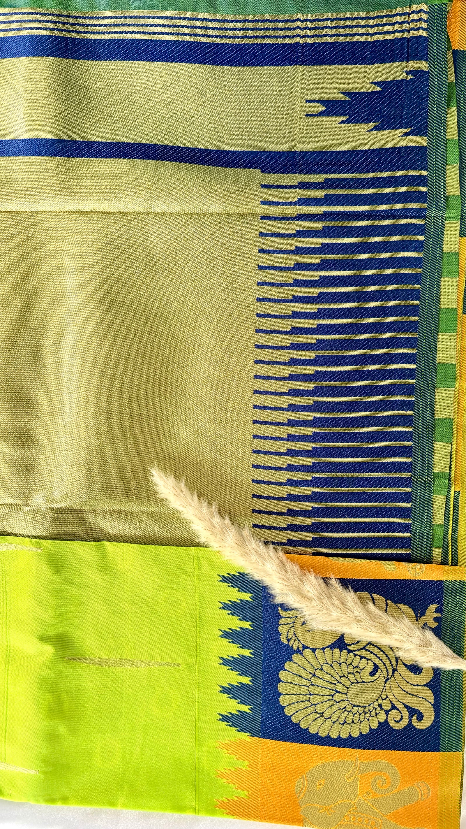 Premium Soft Semi Silk Lemon Green Saree With Peacock and elephant multi color border (Saree Code - S67)