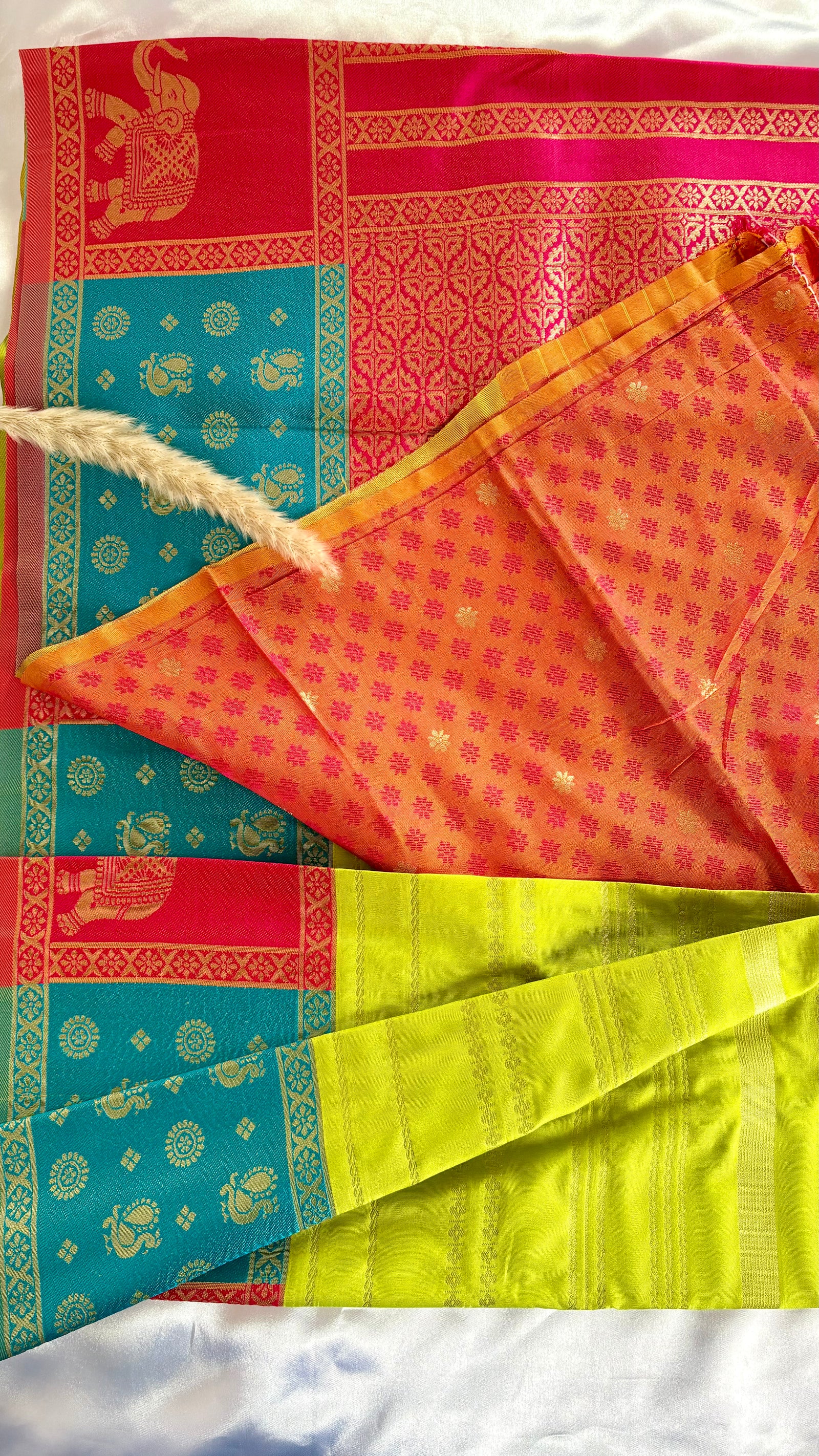 Premium Soft Semi Silk Lemon Green Strip Saree With elephant multi color border (Saree Code - S68)