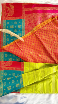 Premium Soft Semi Silk Lemon Green Strip Saree With elephant multi color border (Saree Code - S68)