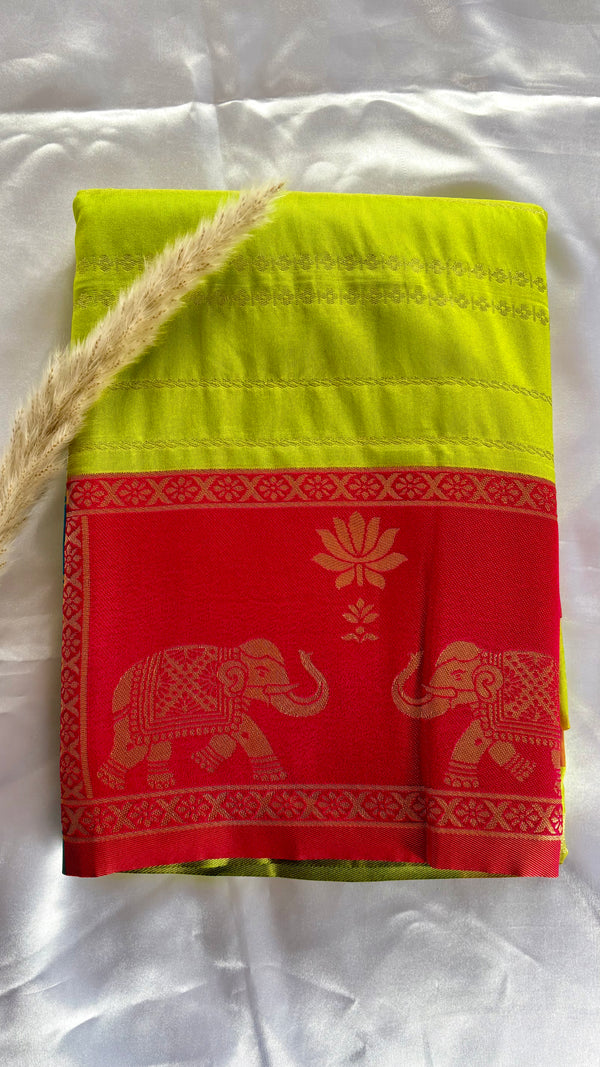 Premium Soft Semi Silk Lemon Green Strip Saree With elephant multi color border (Saree Code - S68)
