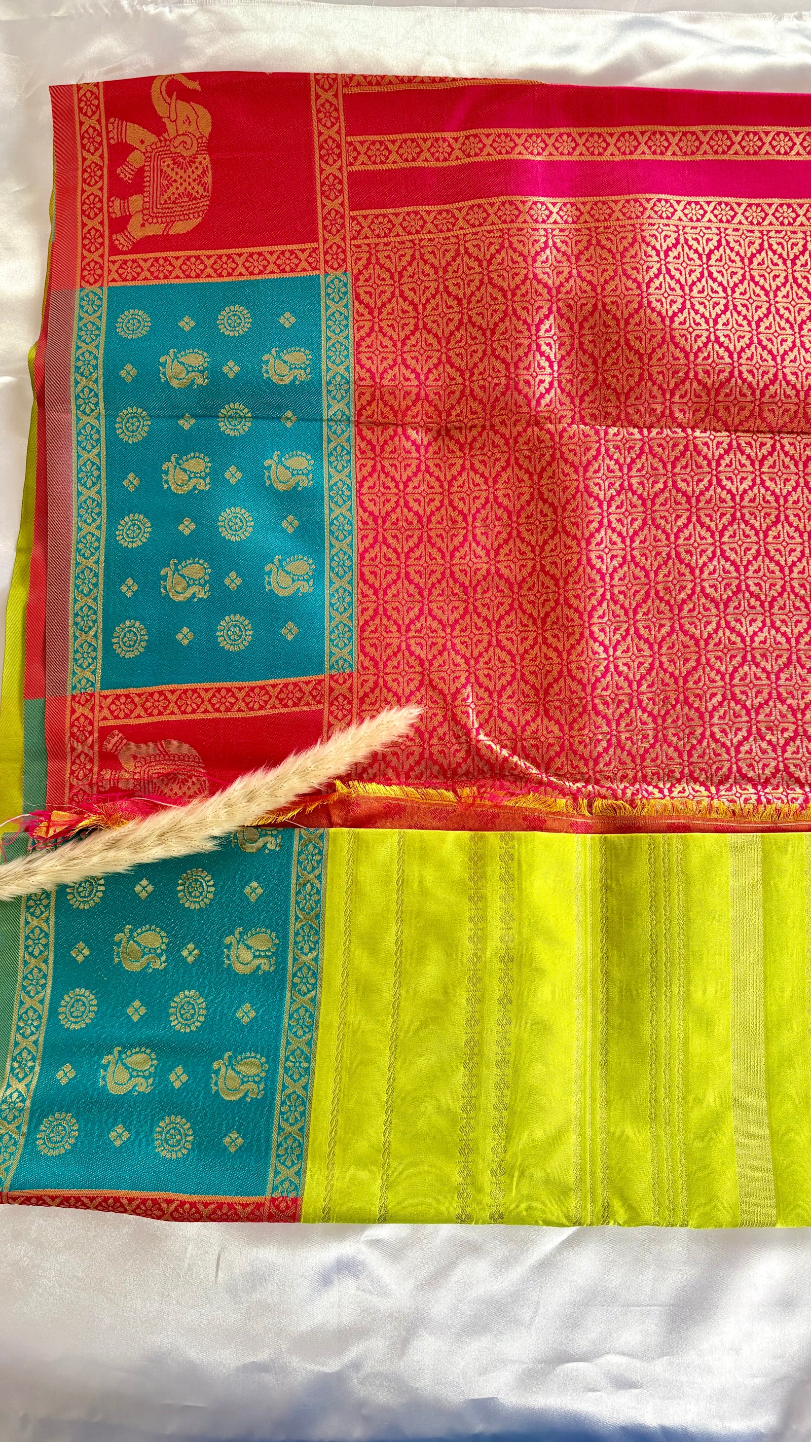 Premium Soft Semi Silk Lemon Green Strip Saree With elephant multi color border (Saree Code - S68)