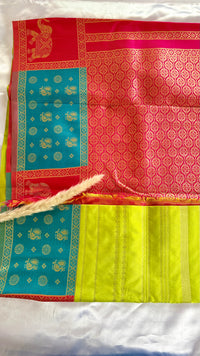 Premium Soft Semi Silk Lemon Green Strip Saree With elephant multi color border (Saree Code - S68)