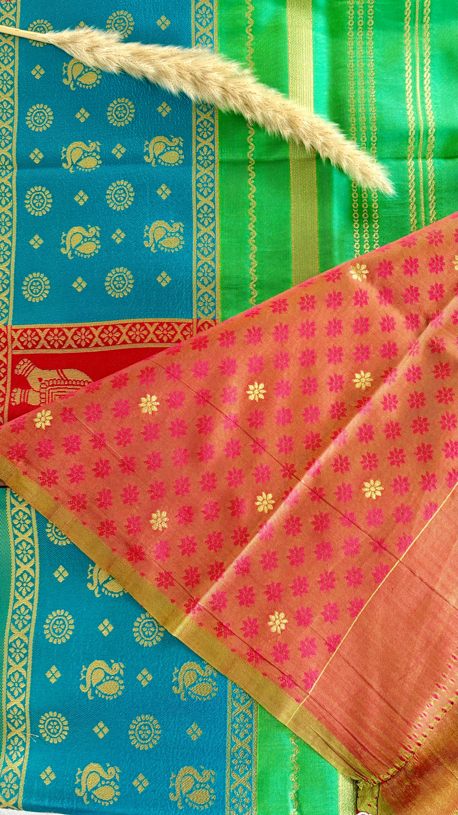 Premium Soft Semi Silk Ramar Pachai Green Strip Saree With Peacock and elephant multi color border (Saree Code - S69)