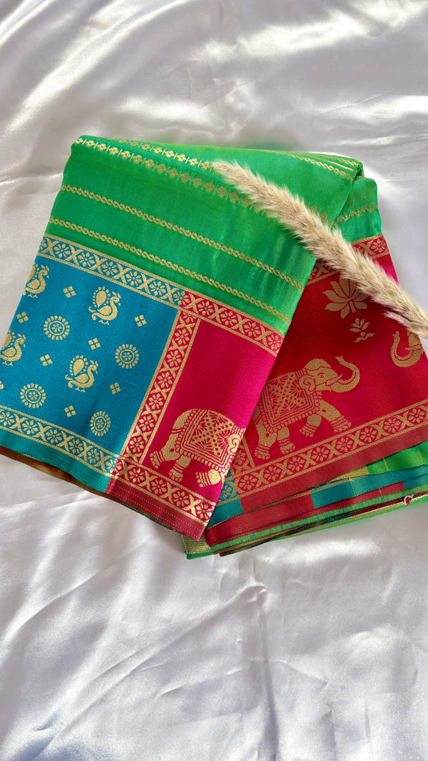 Premium Soft Semi Silk Ramar Pachai Green Strip Saree With Peacock and elephant multi color border (Saree Code - S69)