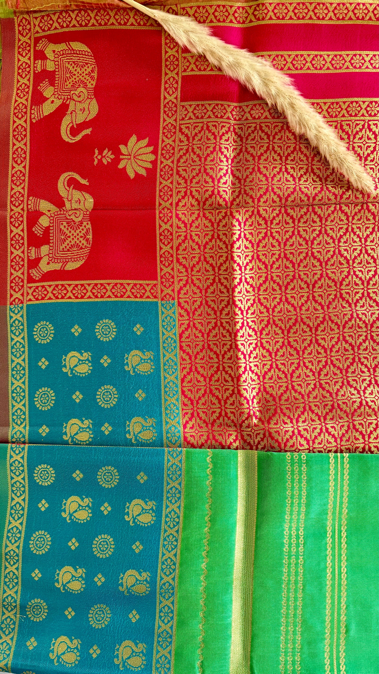 Premium Soft Semi Silk Ramar Pachai Green Strip Saree With Peacock and elephant multi color border (Saree Code - S69)