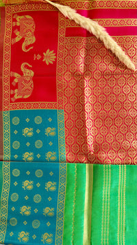 Premium Soft Semi Silk Ramar Pachai Green Strip Saree With Peacock and elephant multi color border (Saree Code - S69)