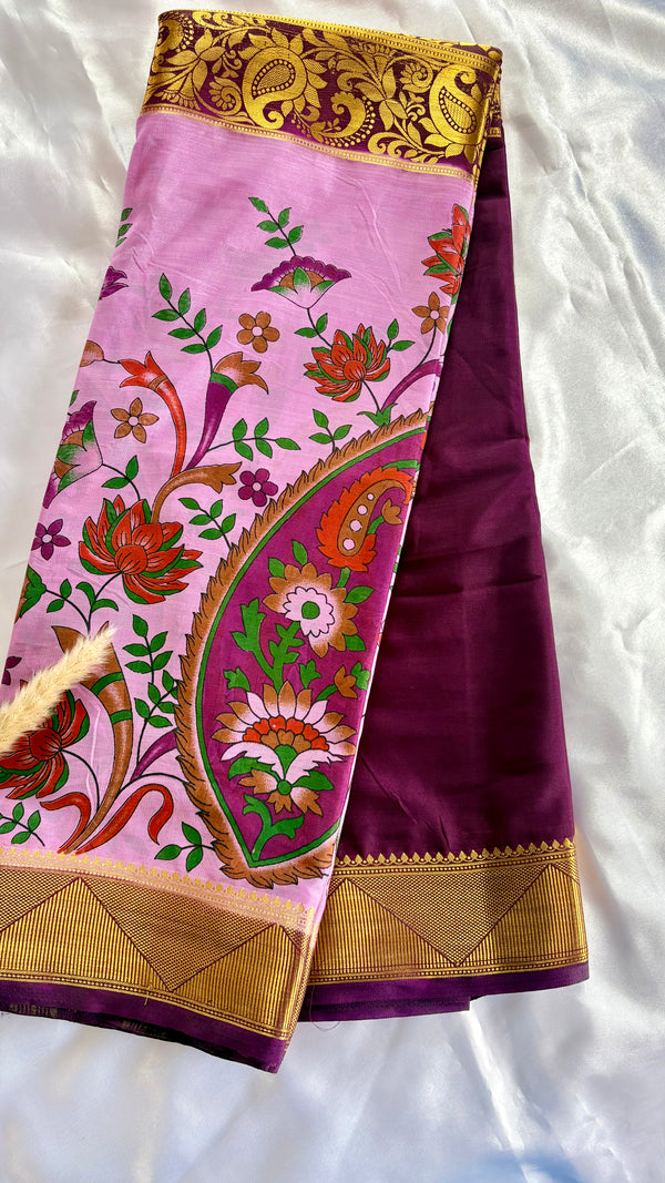 Beautiful crepe Mysore Silk blend Pastel Pink multicolored floral Saree and paisley print with contract maroon panel (Saree Code - S70)