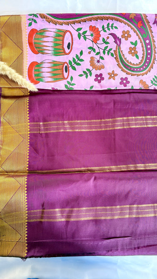 Beautiful crepe Mysore Silk blend Pastel Pink multicolored floral Saree and paisley print with contract maroon panel (Saree Code - S70)