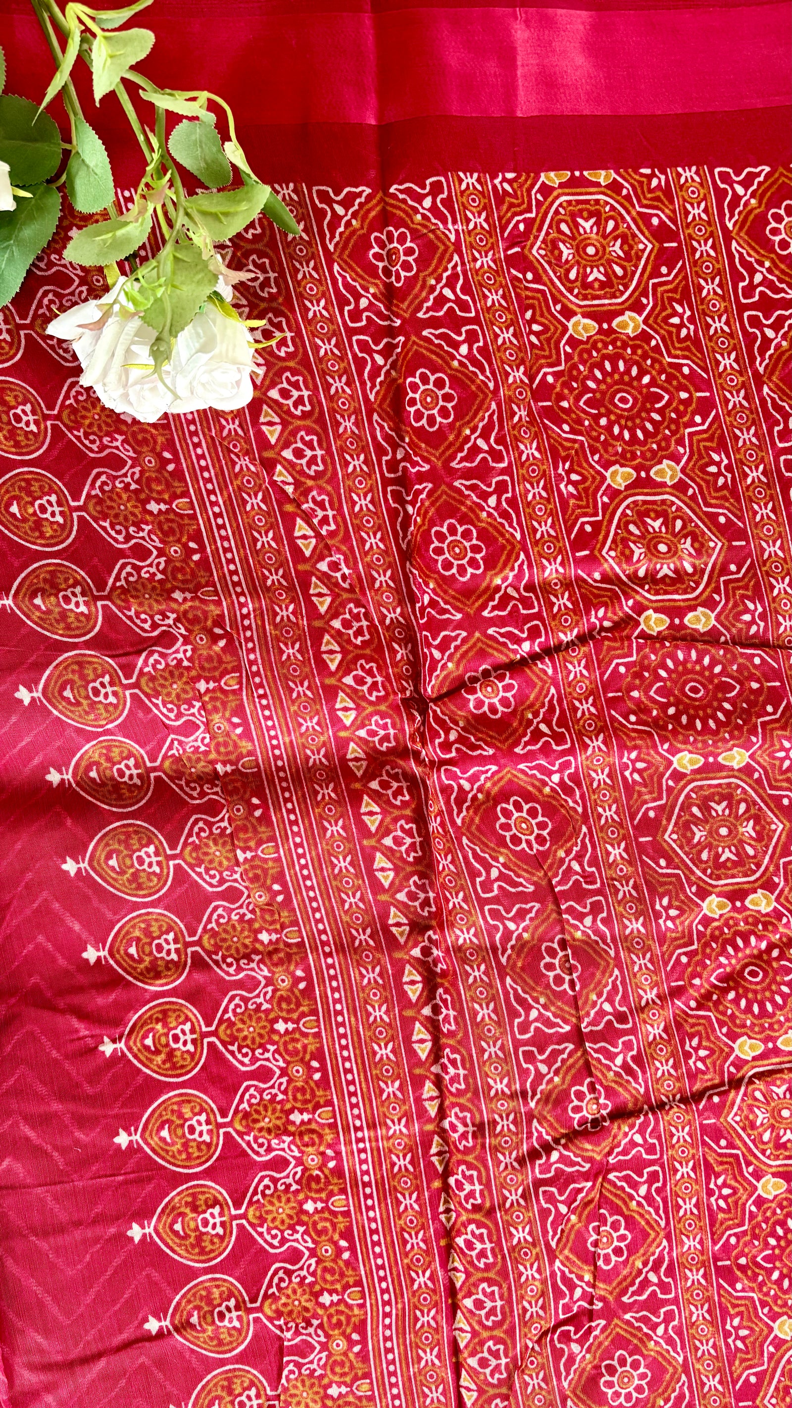 Maroon Silk Saree - Geometric Zig-Zag chevron pattern with a matching red border  (Saree Code - S75)