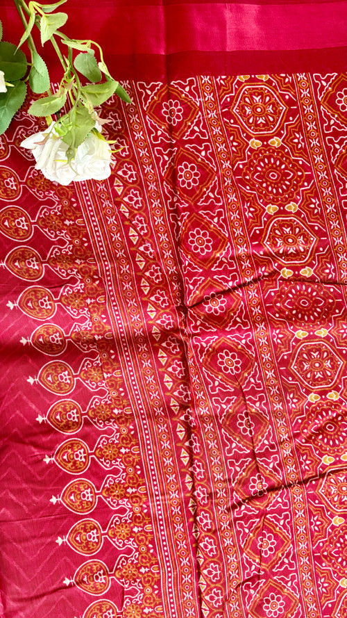 Maroon Silk Saree - Geometric Zig-Zag chevron pattern with a matching red border  (Saree Code - S75)